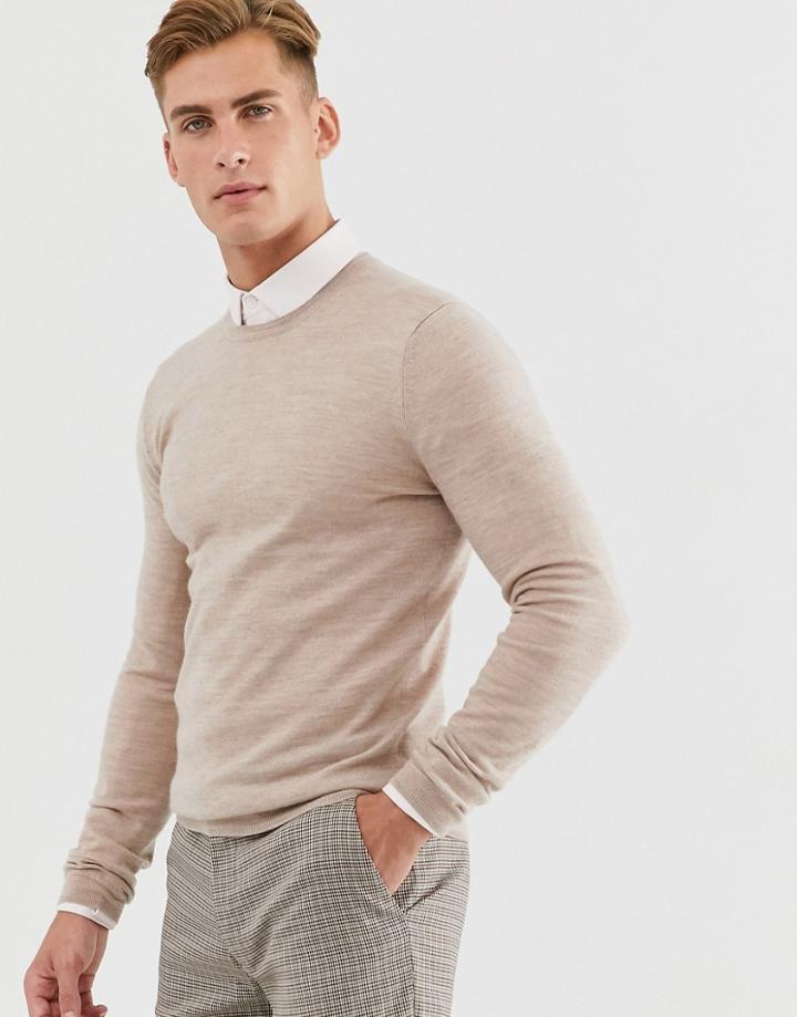 Asos Design Muscle Fit Merino Wool Sweater In Oatmeal