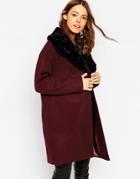Asos Coat With Shaggy Faux Fur Collar - Berry