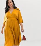 Asos Design Curve Exclusive Pleated Slinky Kimono Midi Dress-yellow