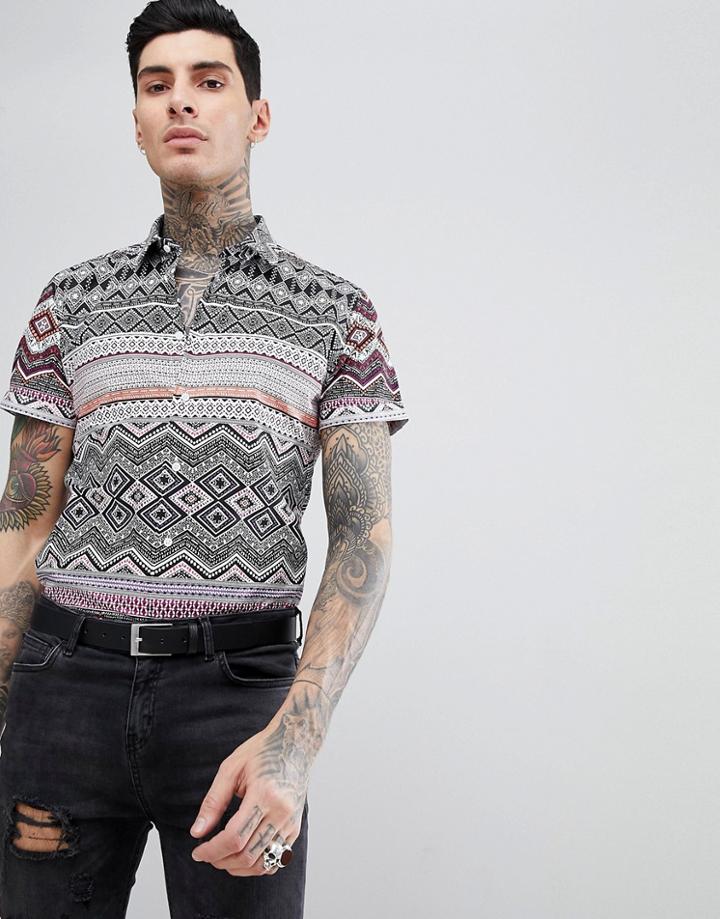 Devil's Advocate Short Sleeve Slim Fit Tribal Print Shirt - Red