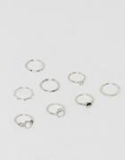 Asos Design Pack Of 8 Rings With Faux Moonstone And Engraved Detail In Silver - Silver