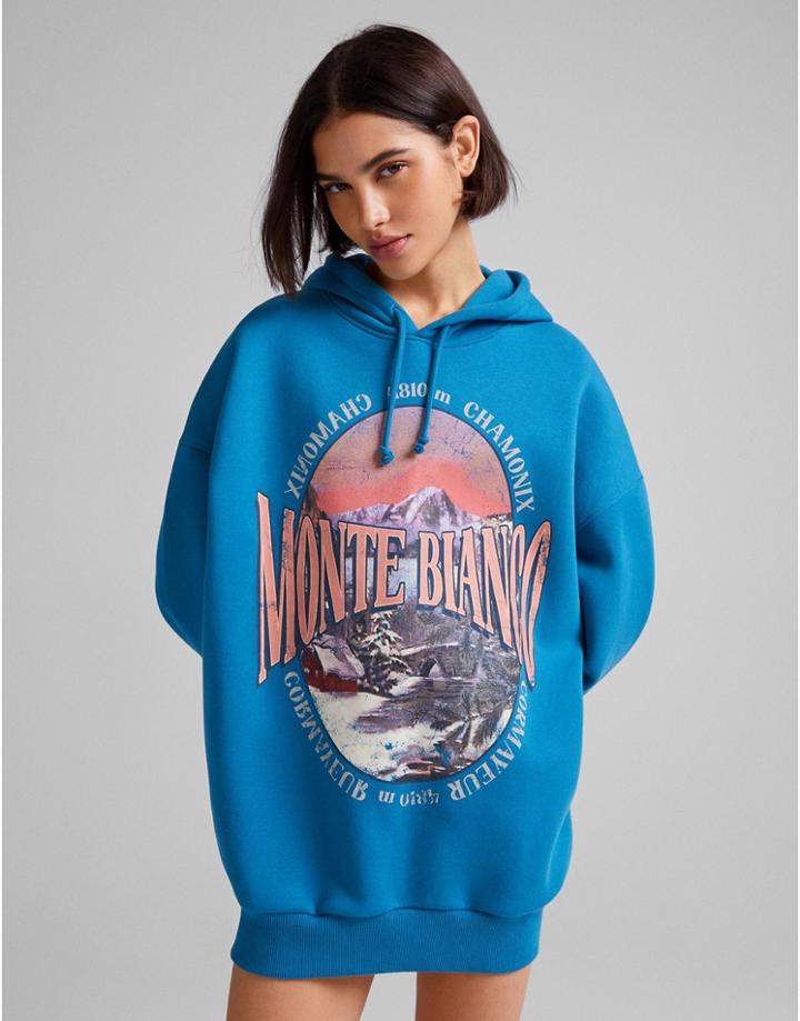 Bershka Oversized Hoodie With Graphic In Teal-blue