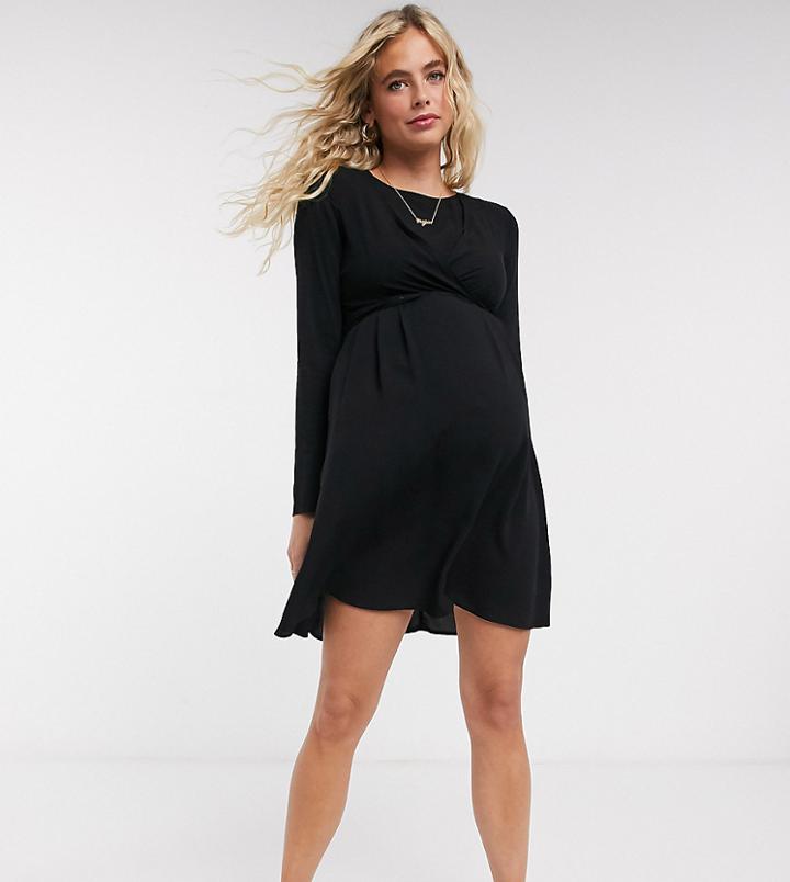 Asos Design Maternity Nursing Mini Wrap Dress With Long Sleeves In Polka Dot-black