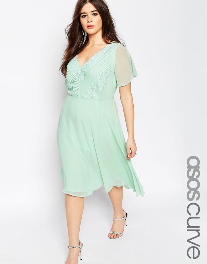 Asos Curve Wedding Midi Dress With Lace & Pleats - Green