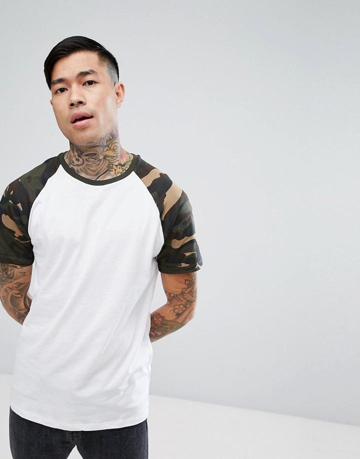 Bershka Raglan T-shirt With Camo Sleeves In White - White