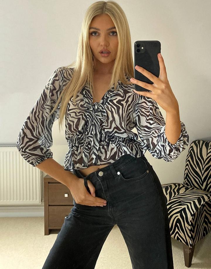 Asos Design Sheer Long Sleeve Top With Shirred Waist In Zebra Print-multi