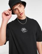 Topman Extreme Oversized T-shirt With Rose Sketch Embroidery In Black - Black