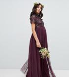 Maya Maternity High Neck Maxi Tulle Dress With Tonal Delicate Sequins In Berry - Red