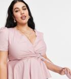 In The Style Plus Exclusive Puff Sleeve Wrap Front Top With Belt Detail In Mauve-purple