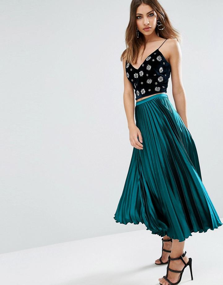Asos Midi Skirt In Pleated Satin - Blue