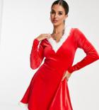Threadbare Tall Santa Christmas Velour Hooded Mini Dress With Faux Fur Trim-red