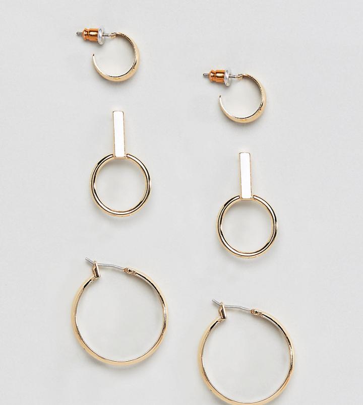Asos Design Pack Of 3 Geo Drop Stud And Hoop Earrings - Gold