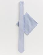 Asos Design Slim Textured Tie & Pocket Square In Light Blue-multi