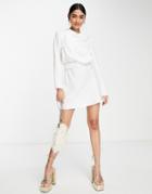 Asos Design Drape High Neck Satin Long Sleeve Mini Dress With Scrunchie Belt Detail-white