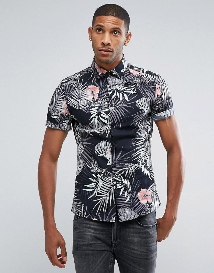 Asos Skinny Shirt With Hawaiian Floral Print - Black