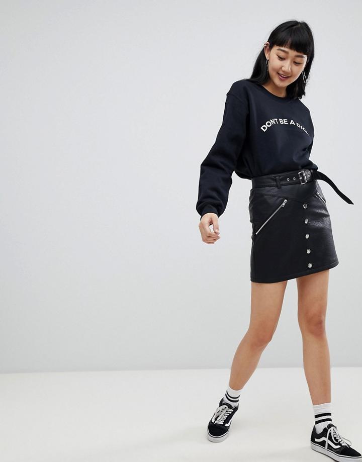 Asos Design Leather Look Mini Skirt With Pockets Zips And Poppers - Black