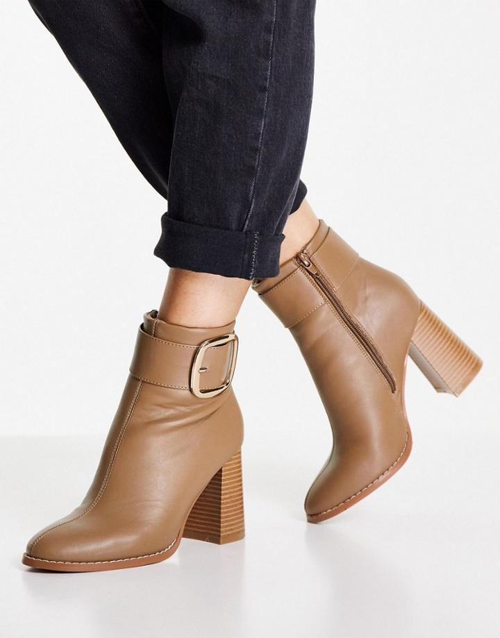 Asos Design Repeat Block Heel Buckle Boots In Taupe-neutral