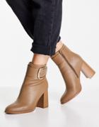 Asos Design Repeat Block Heel Buckle Boots In Taupe-neutral
