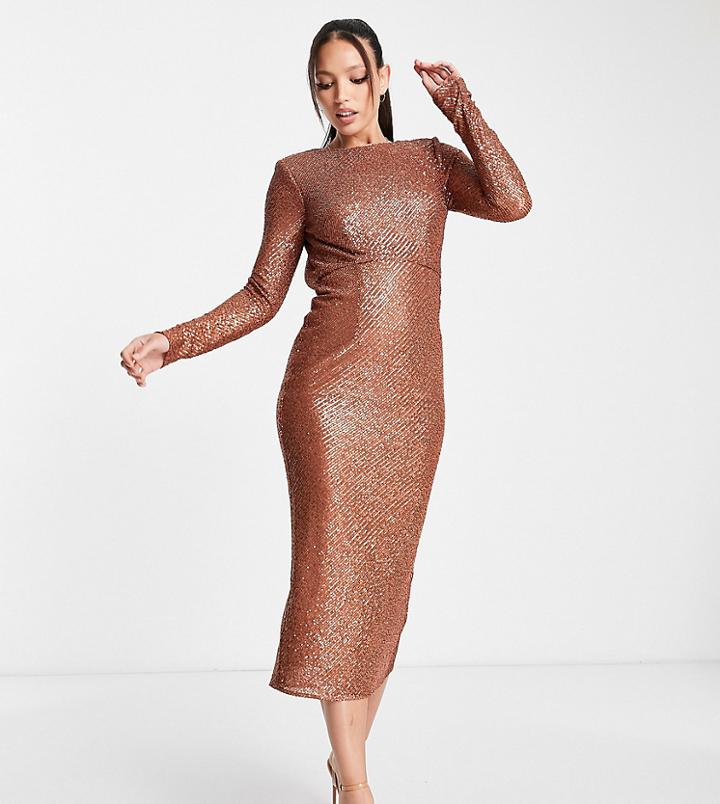 Asos Design Tall Embellished Sequin Pencil Midi Dress In Gold