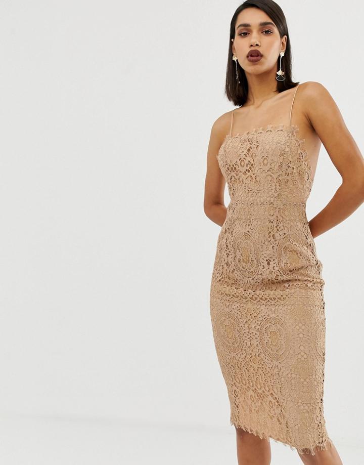 Asos Design Square Neck Midi Pencil Dress In Lace - Multi