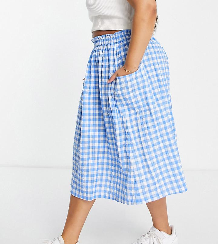 Asos Design Curve Midi Skirt With Pocket Detail In Blue & White Gingham Print