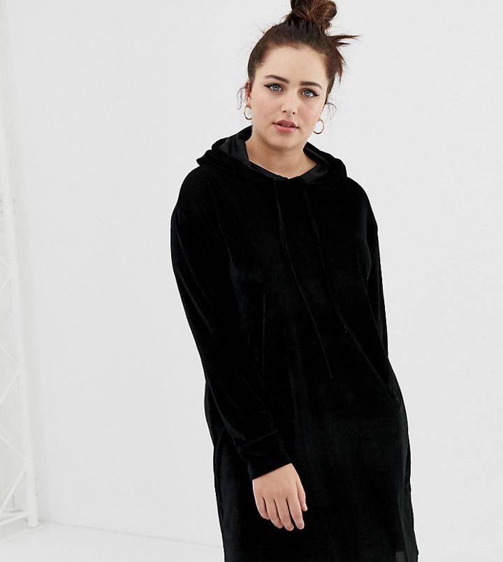 Daisy Street Plus Hoodie Dress In Velvet Cord - Black