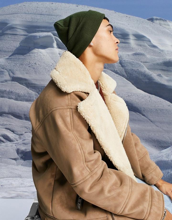 Asos Design Fine Knit Beanie With Deep Turn Up In Khaki-green