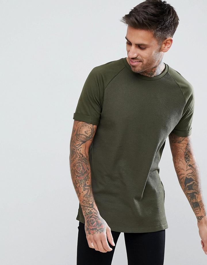 Bershka Longline Textured Knit T-shirt In Khaki - Green