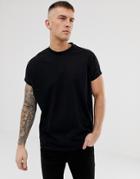 Asos Design Oversized Longline T-shirt With Crew Neck And Roll Sleeve In Black