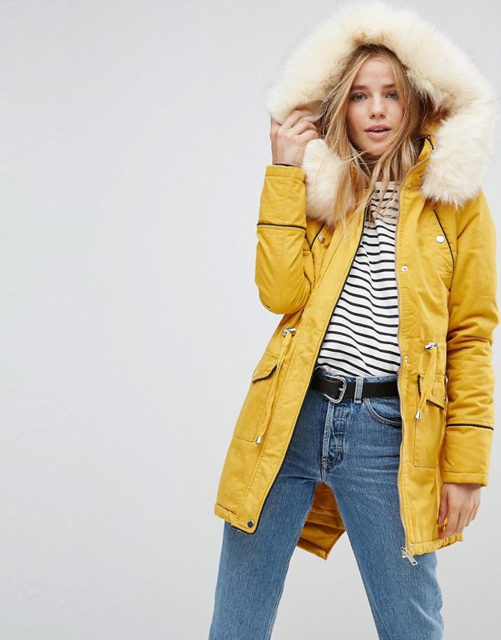 Brave Soul Coaster Parka Coat With Contrast Pu Trims - Yellow