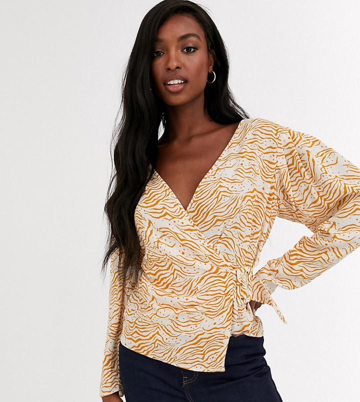 Asos Design Tall Wrap Top With Belt Detail In Abstract Print