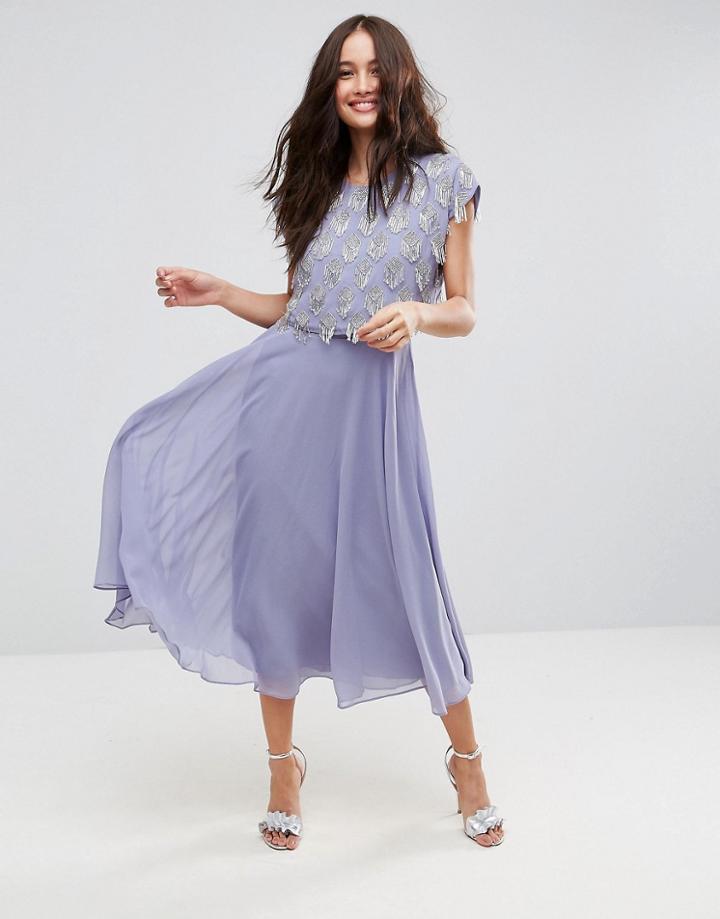 Asos Fringe Embellished Crop Top Midi Skater Dress - Purple