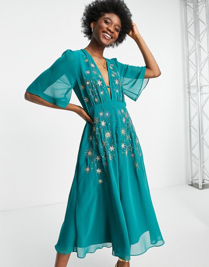 Hope & Ivy Embellished Midi Tea Dress In Emerald Green Star