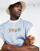 Asos Design Oversized T-shirt In Scuba Color Block With Front Print-blue