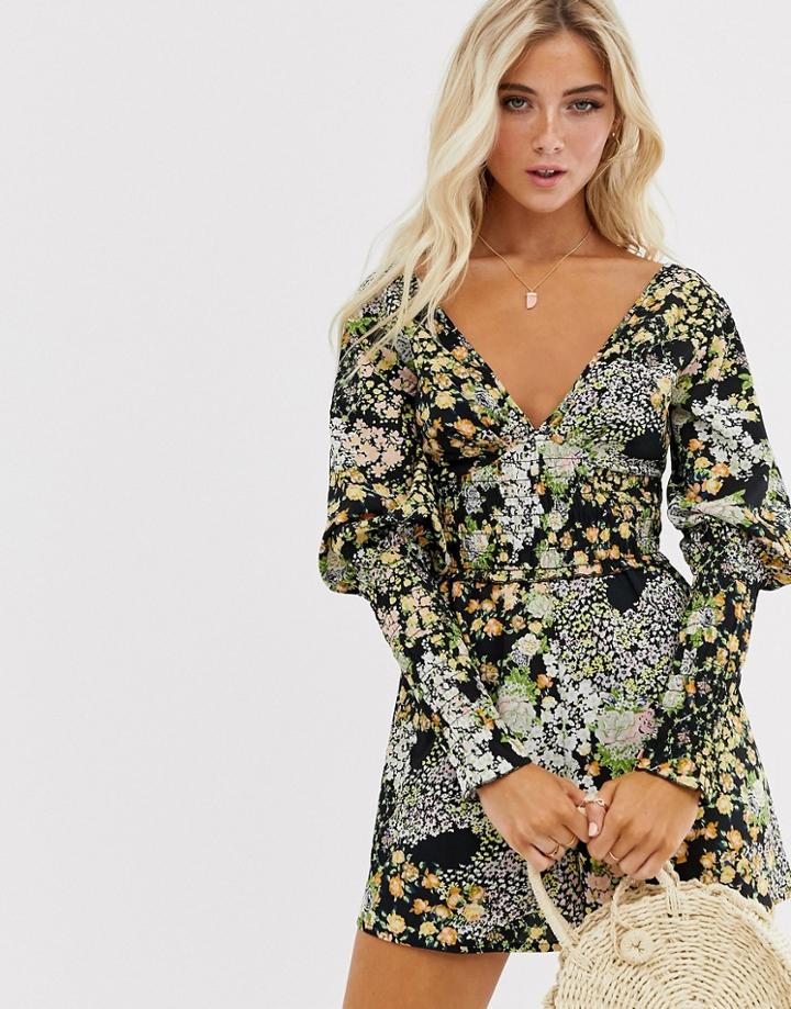 Asos Design Shirred Waist And Sleeve Long Sleeve V Neck Romper In Floral Print-multi