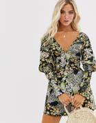 Asos Design Shirred Waist And Sleeve Long Sleeve V Neck Romper In Floral Print-multi