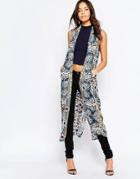 Liquorish Maxi Waistcoat With Pockets In Digital Print - Multi