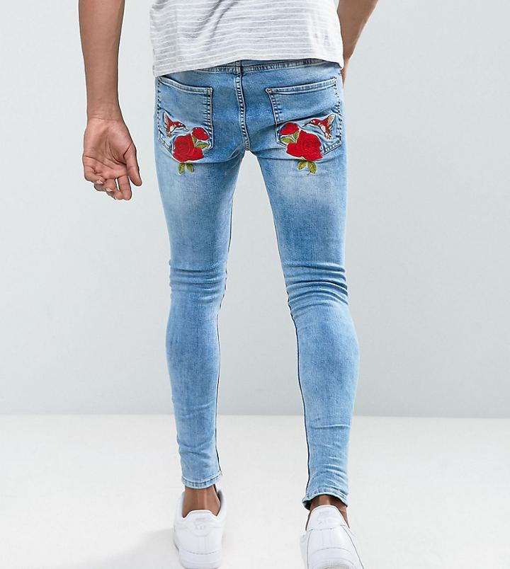 Rose London Muscle Fit Jeans With Floral Embroidery Exclusive To Asos - Blue