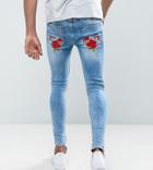 Rose London Muscle Fit Jeans With Floral Embroidery Exclusive To Asos - Blue