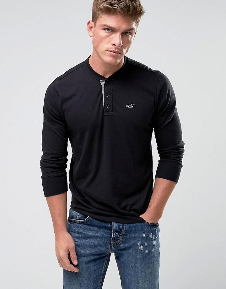 Hollister Long Sleeve Top Henley Icon Logo Slim Fit In Black - Black