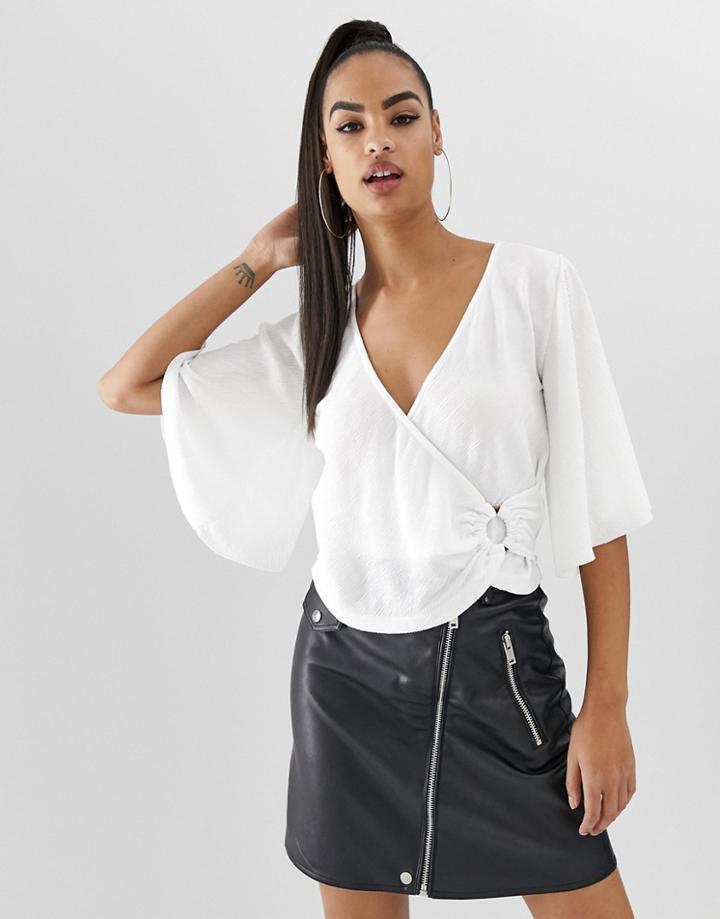 Asos Design Angel Sleeve Textured Jersey Wrap Top With Ring Detail - White