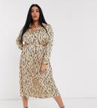 Asos Design Curve Satin Midi Shirt Dress In Abstract Animal Print-multi