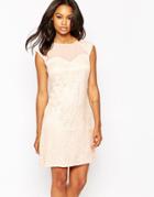 Little Mistress Lace Shift Dress With Embellished Neckline - Peach