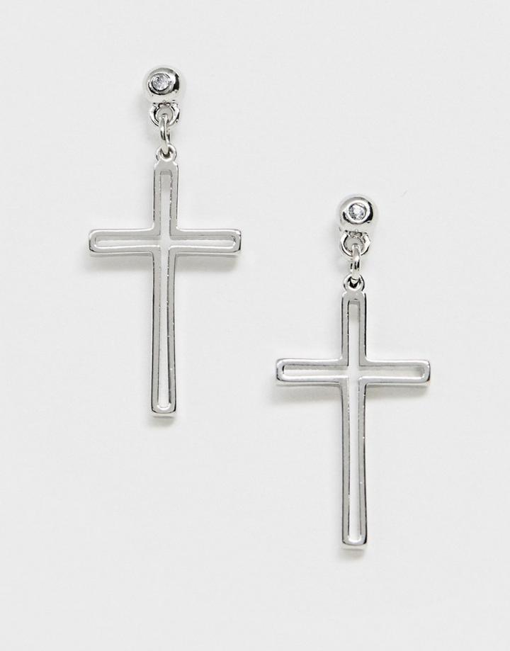 Asos Design Earrings In Cut Out Cross Design With Crystal Stud In Silver Tone - Silver