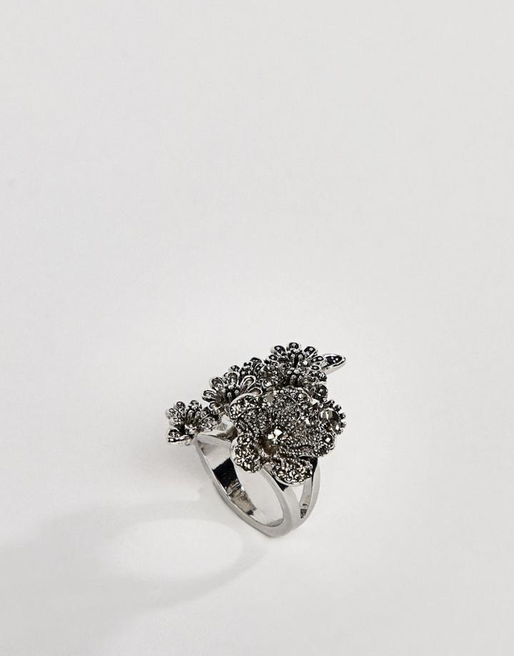 Asos Design Ring With Oversized Floral Detail In Silver - Silver