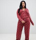 Asos Design Curve Polka Dot Traditional 100% Modal Pants Set - Red