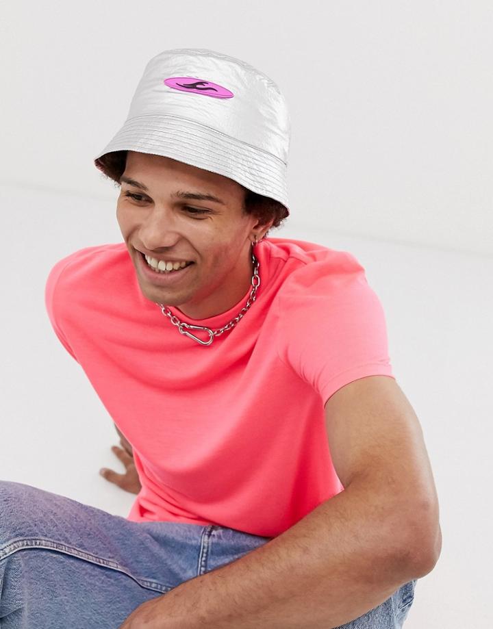 Asos Design Bucket Hat In Silver Foil With Rubber Badge