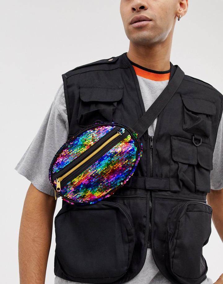 Asos Design Cross Body Oval Fanny Pack With Multi Color Sequins - Multi