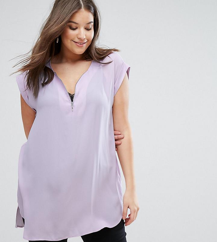 New Look Curve Zip Front Tunic Top - Purple