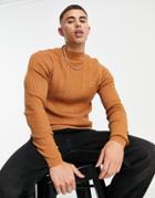 Asos Design Lightweight Cable Knit Turtle Neck Sweater In Tan-brown